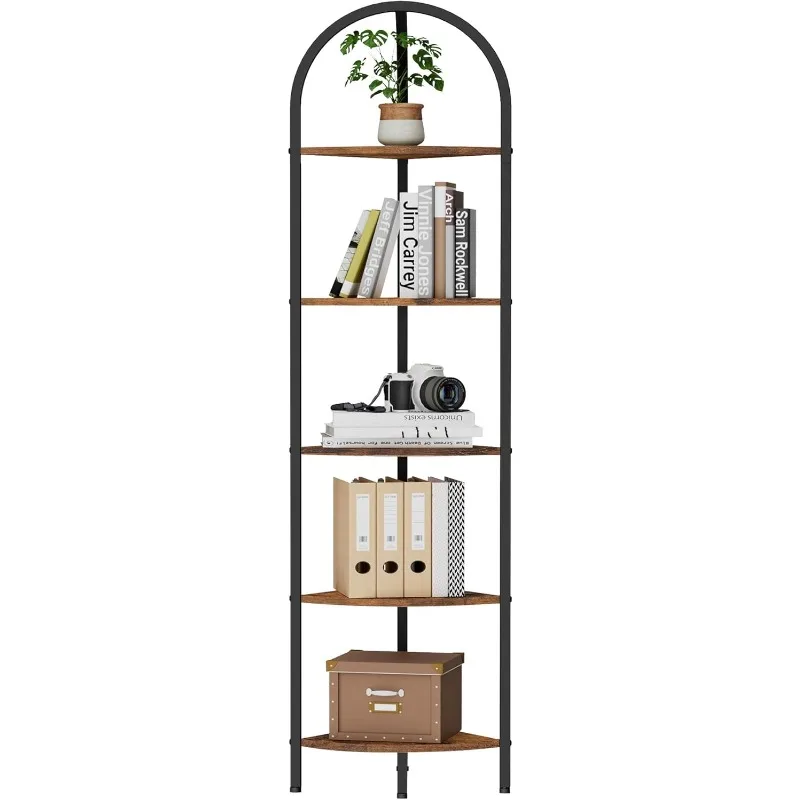 

5-Tier Corner Shelf Stand, Wall Corner Bookshelf with Metal Frame, Bathroom Storage Rack Shelf, Plant Stand,