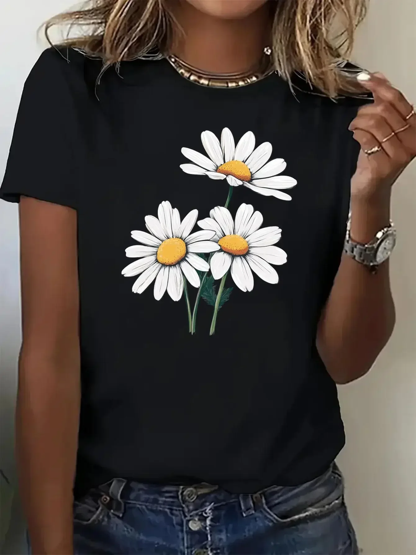 Leichtes Damen-T-Shirt mit Gänseblümchen-Print, lässiges, kurzärmliges Oberteil mit Rundhalsausschnitt, weiß mit blaugrüner Grafik, Damenbekleidung, grafische T-Shirts