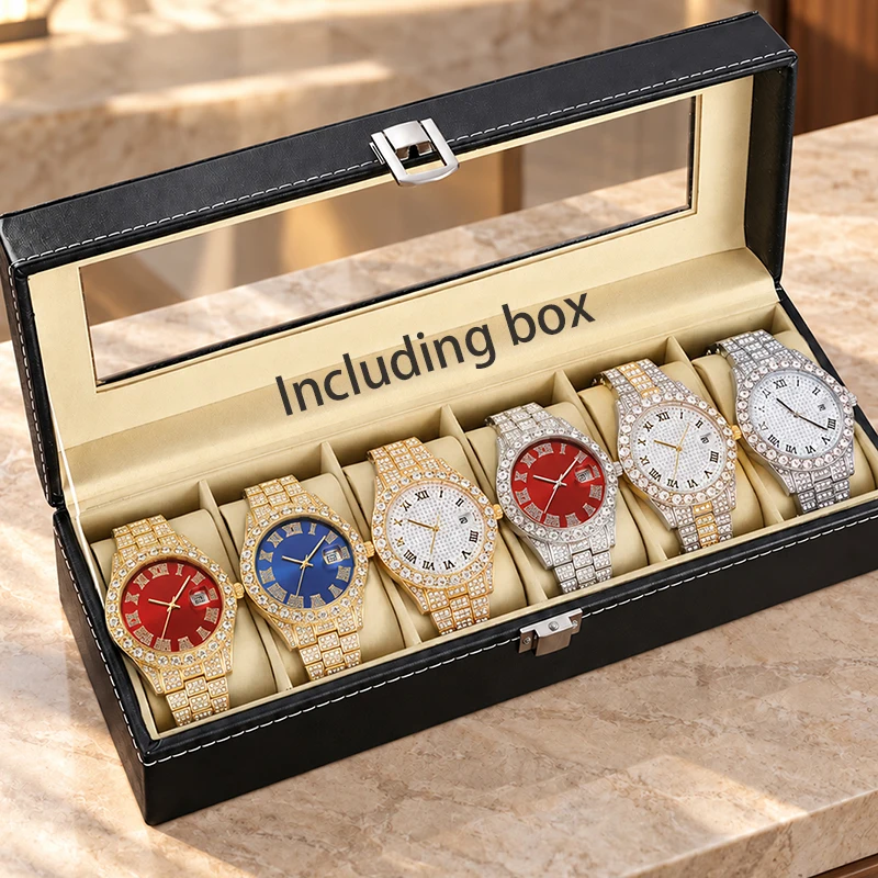 6Pcs Bling Iced Out Diamond Men Quartz Watch Set + PU Leather 6 Slots Watch Display Box Male Wristwatch Collection Gift