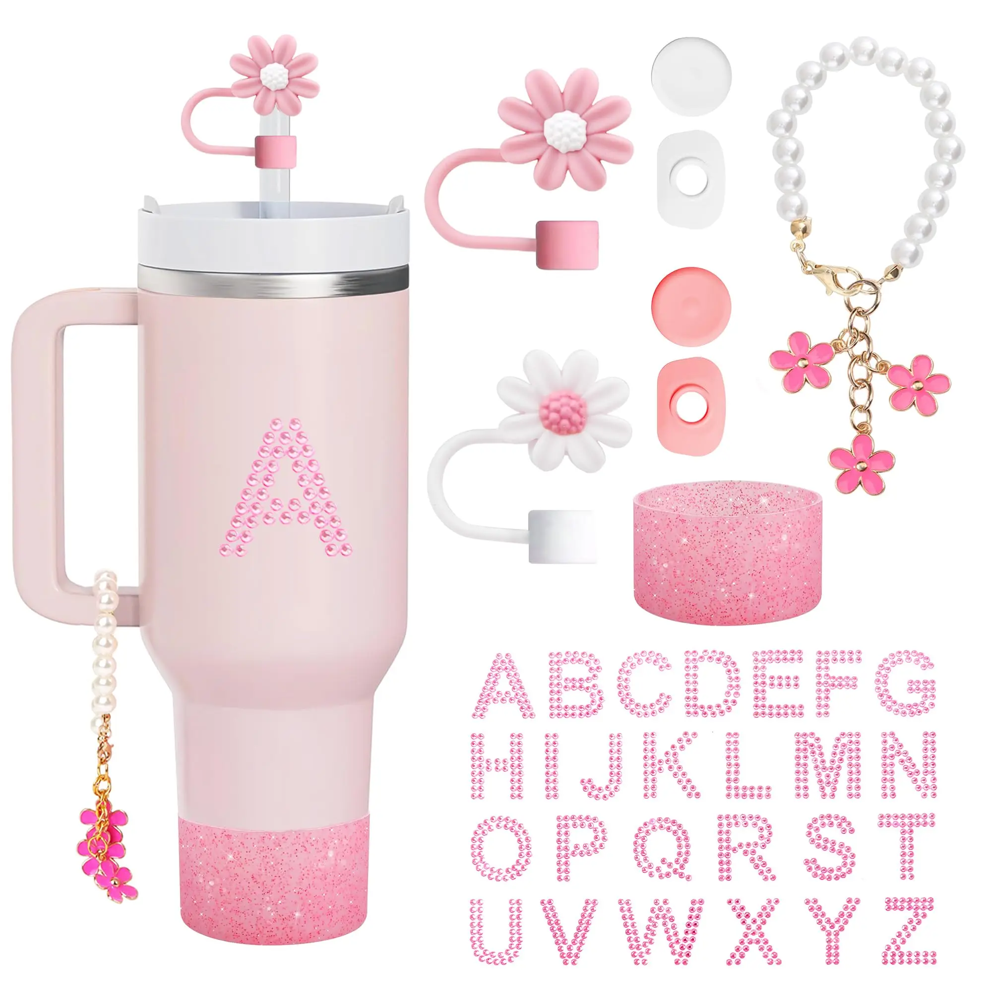 9PCS Accessory Set for Stanley Cup(Excluding Cup)Includs Straw Topper Spill Proof Stopper,Letter Stickers,Pearl Hangings,Boot