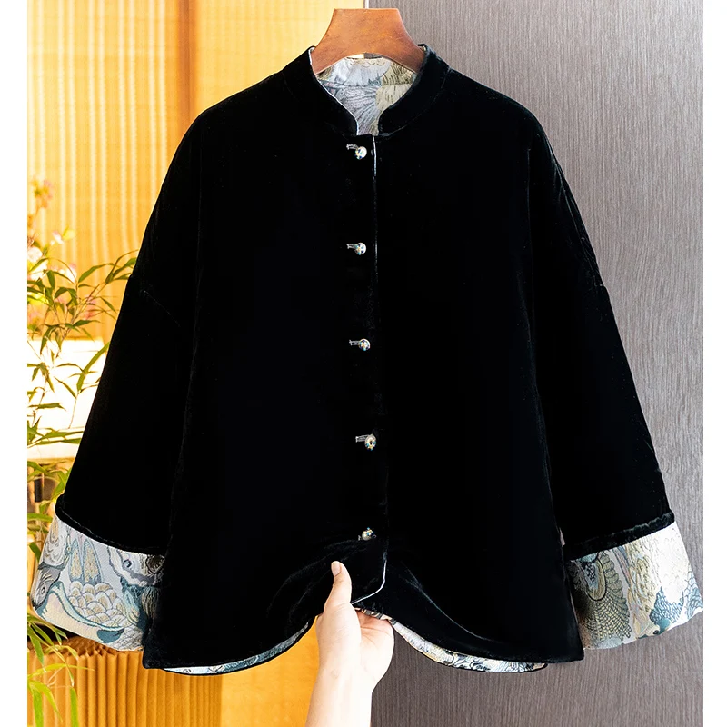 New Chinese Style Silk +Velvet Jacket Women Winter 2024 New Retro Jacquard Chinese Style Cotton Jacket for Women S-XL