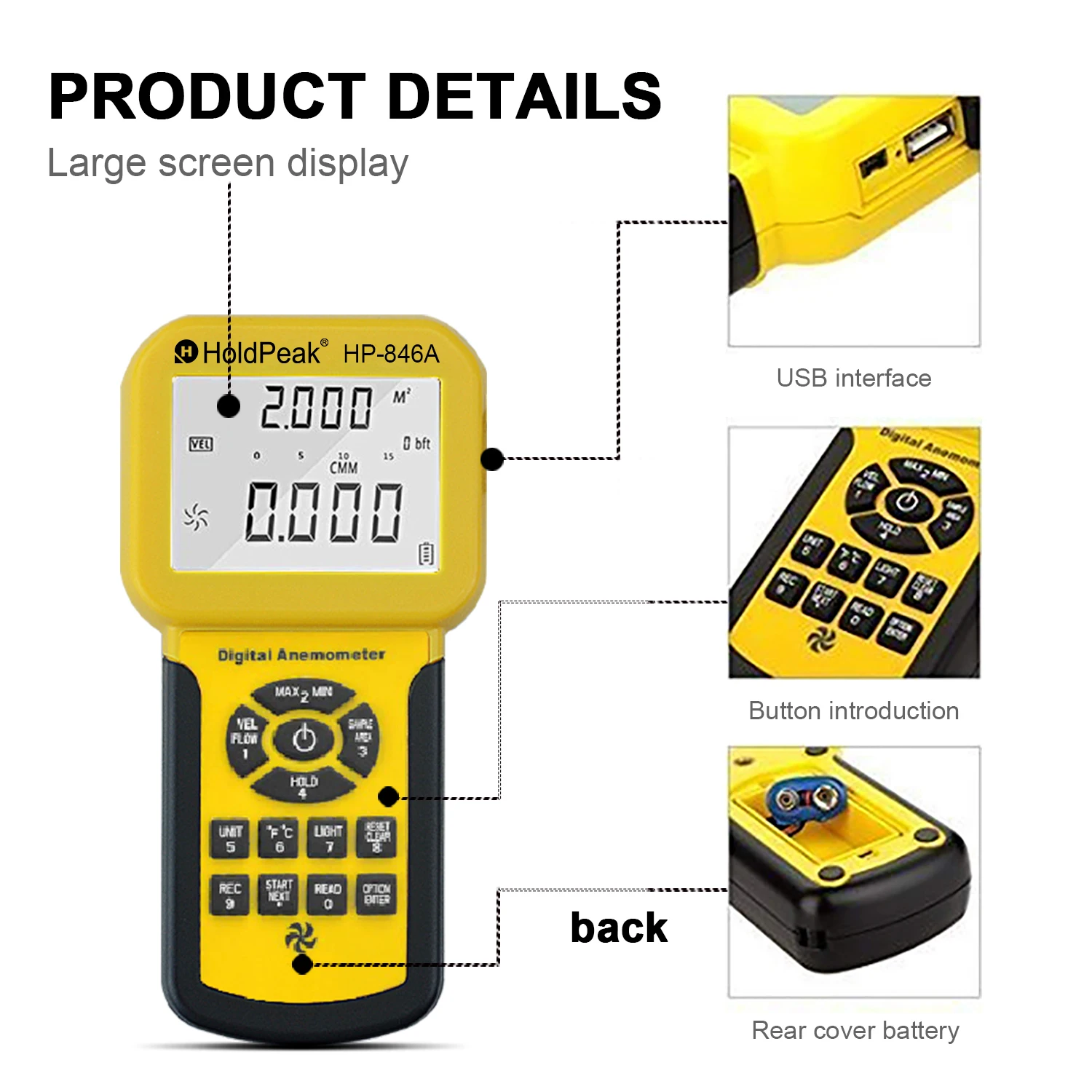 HoldPeak 0.3~45m/s Digital Anemometer Wind Ball Speed Tester Air Volume CFM Measure Instrument Data Record & Handheld , HP-846A