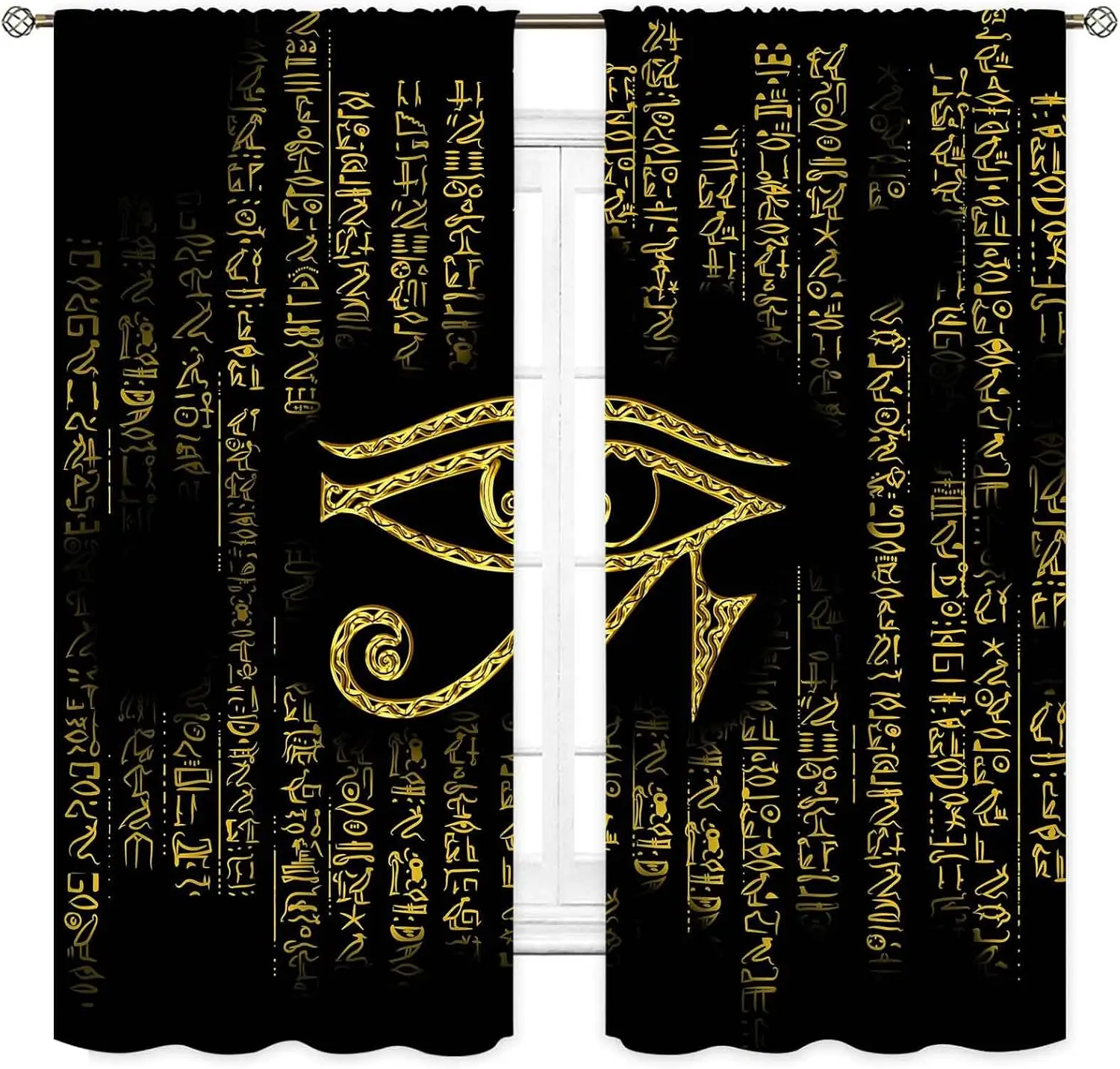 Egyptian Curtains, Vintage Ancient Egypt Hieroglyphics Pharaoh Eye of Horus Retro Aesthetic Black Gold Window Drapery Treatments
