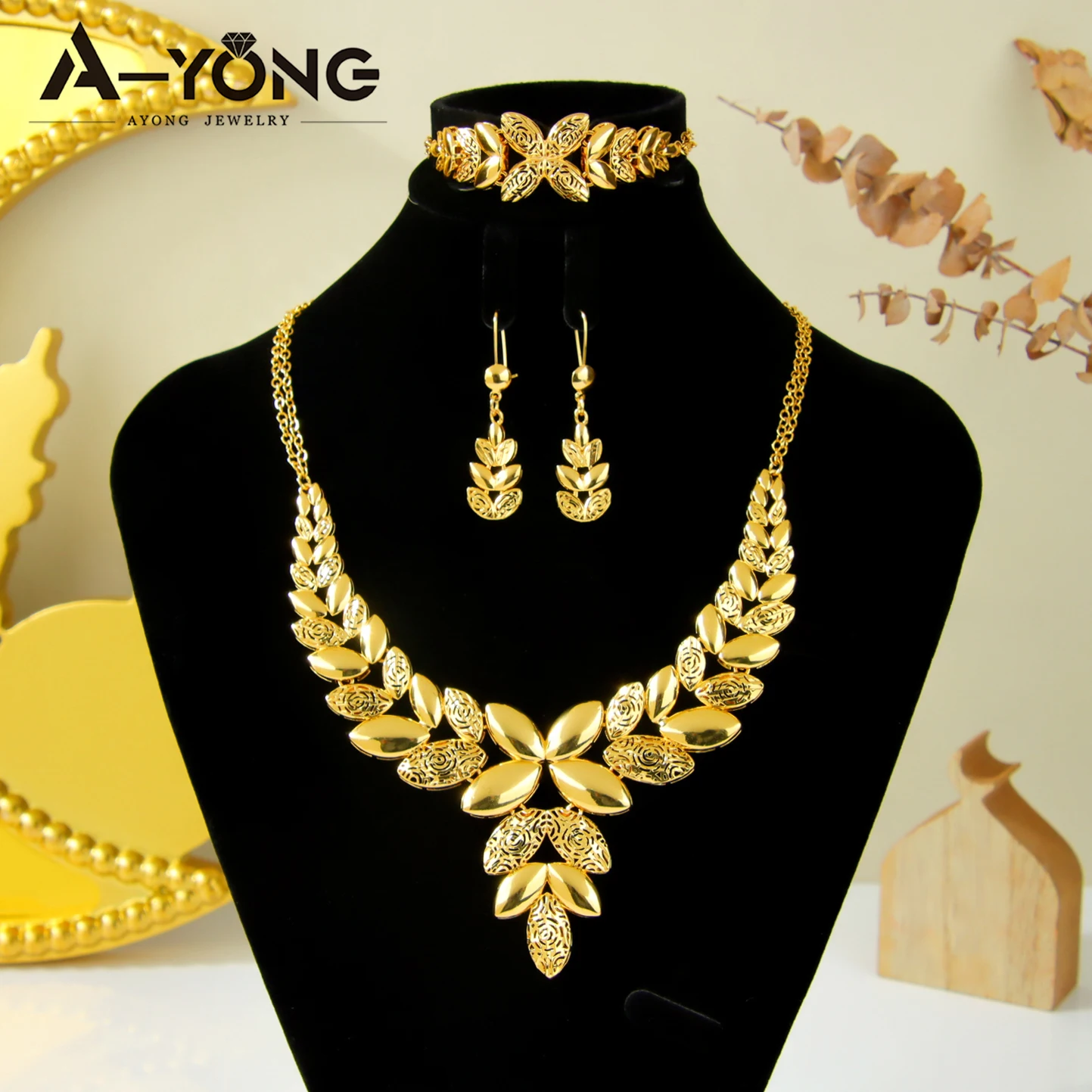 Habesha Bridal Wedding Jewelry Set 24k Gold Plated Nigeria Ornate Necklace Bracelet Earrings Ethiopian Women Vintage Jewelry