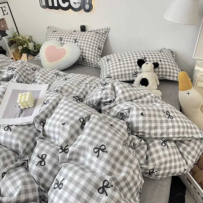 Ins Grey Duvet Cover Set Pillowcases Flat Sheet Plaid Nordic Girls Boys Queen Single Szie Hotel Home Decoration Bed Linens