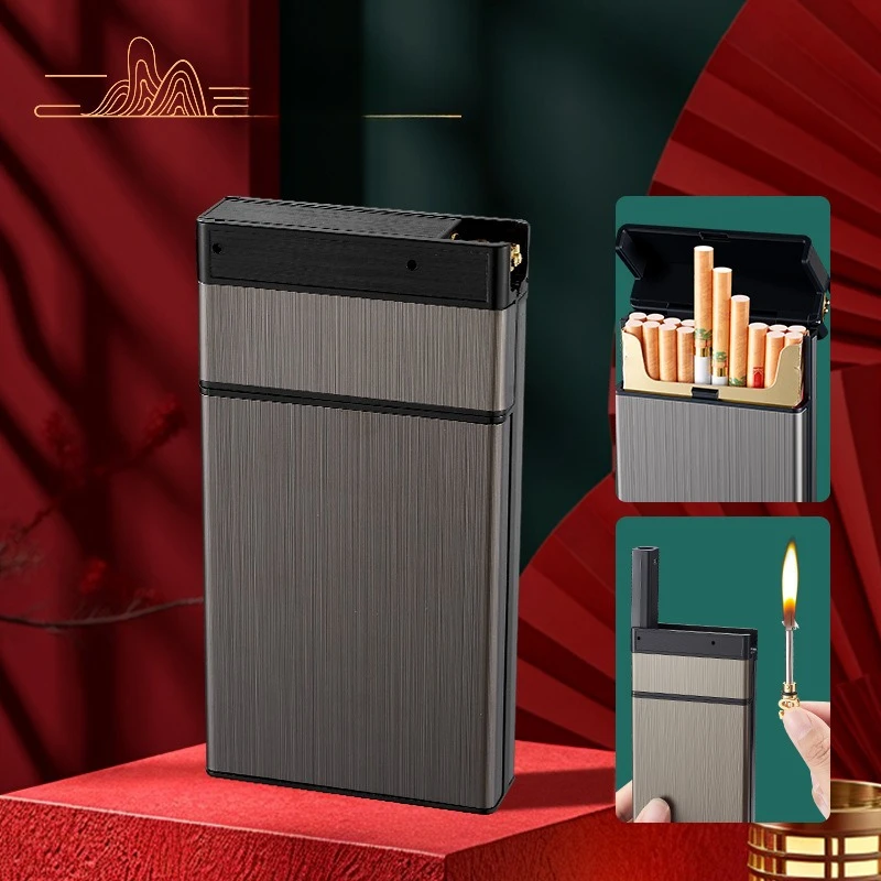 

Refillable 2-in-1 Oil Lighter and 20-Cigarette Box Cover Windproof Water-Resistant Open Flame Lighter Smoking Accessories To'o'l