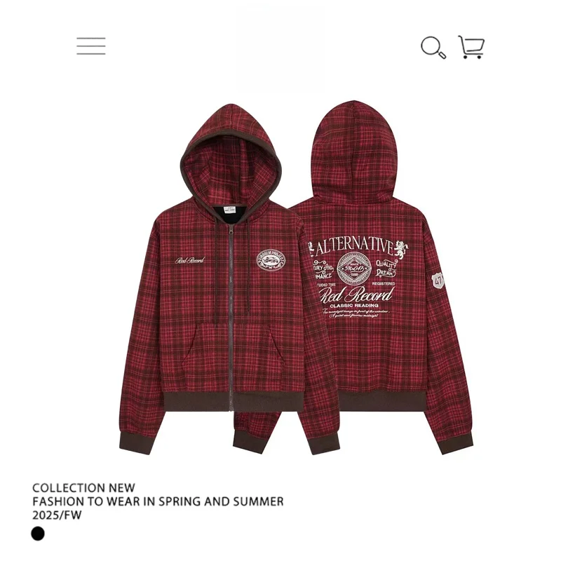 

American Sle Retro Red Plaid Hoodie Women's Spring Autumn Casual Sportswear Long Sve Thiened Cotton Polyester Blend