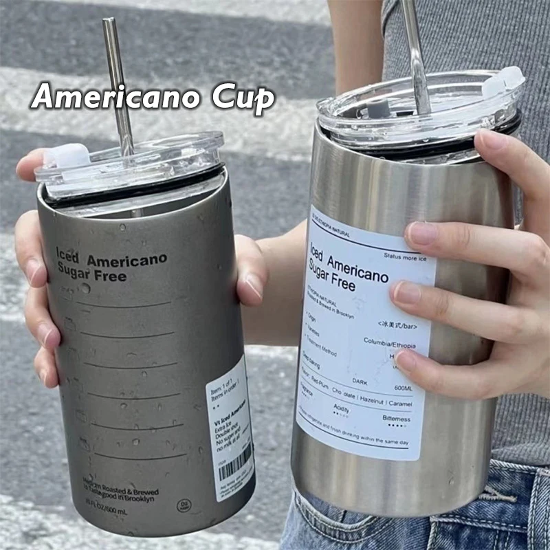 

350ml/600ml Large Capacity Double-Deck 304 Stainless Steel Vacuum Cup With Straw Insulated Coffee Mug Outdoor Thermos Cup Office