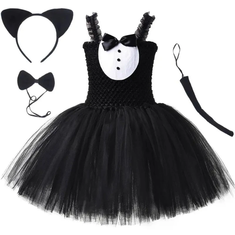 White Black Cat Tutu Dress for Baby Girls Halloween Costumes Kids Animal Kitty Birthday Outfit with Ears Hairbow Child Clothes