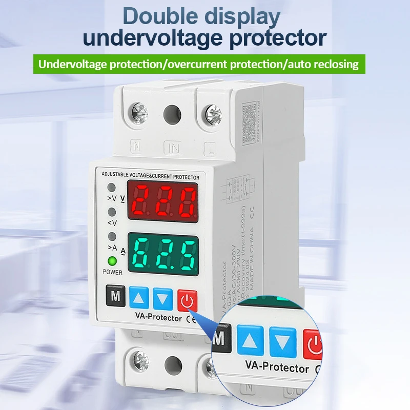 40A/63A 220V Din Rail Dual Display Adjustable Over Voltage Current and Under Voltage Protective Device Protector Relay