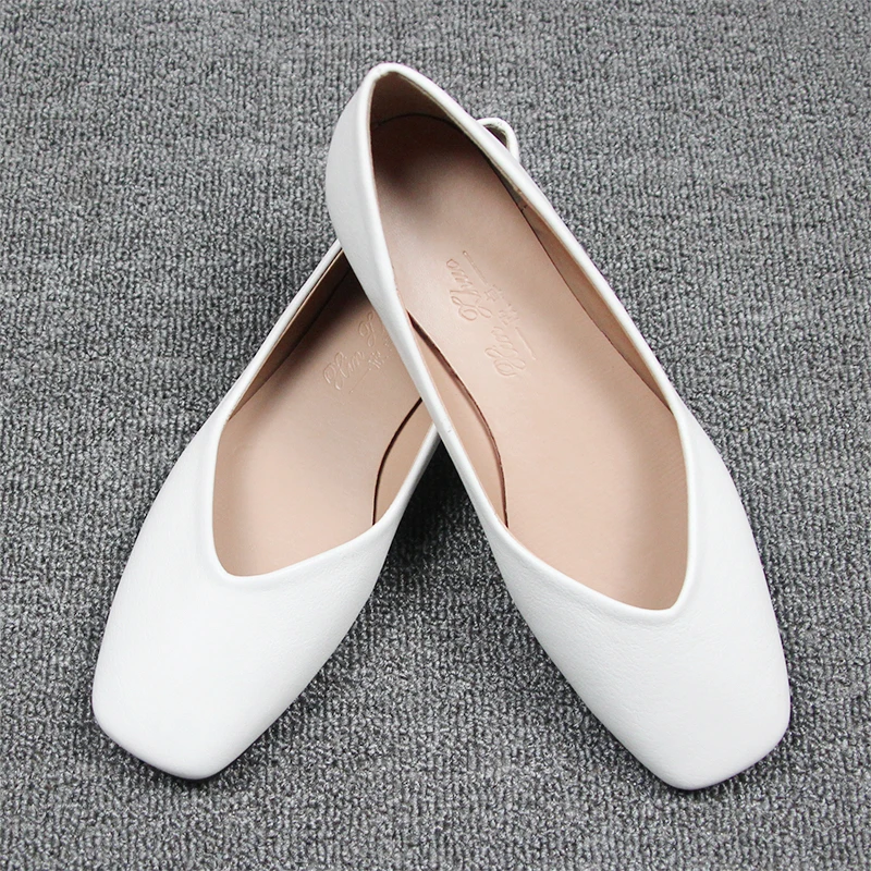 Ladies Square Toe Mujer V Shape Shoes High Quality Smooth Material Plain Slip-on TPR Ballet Flats Brown 44-33 Wide Fitting Softy