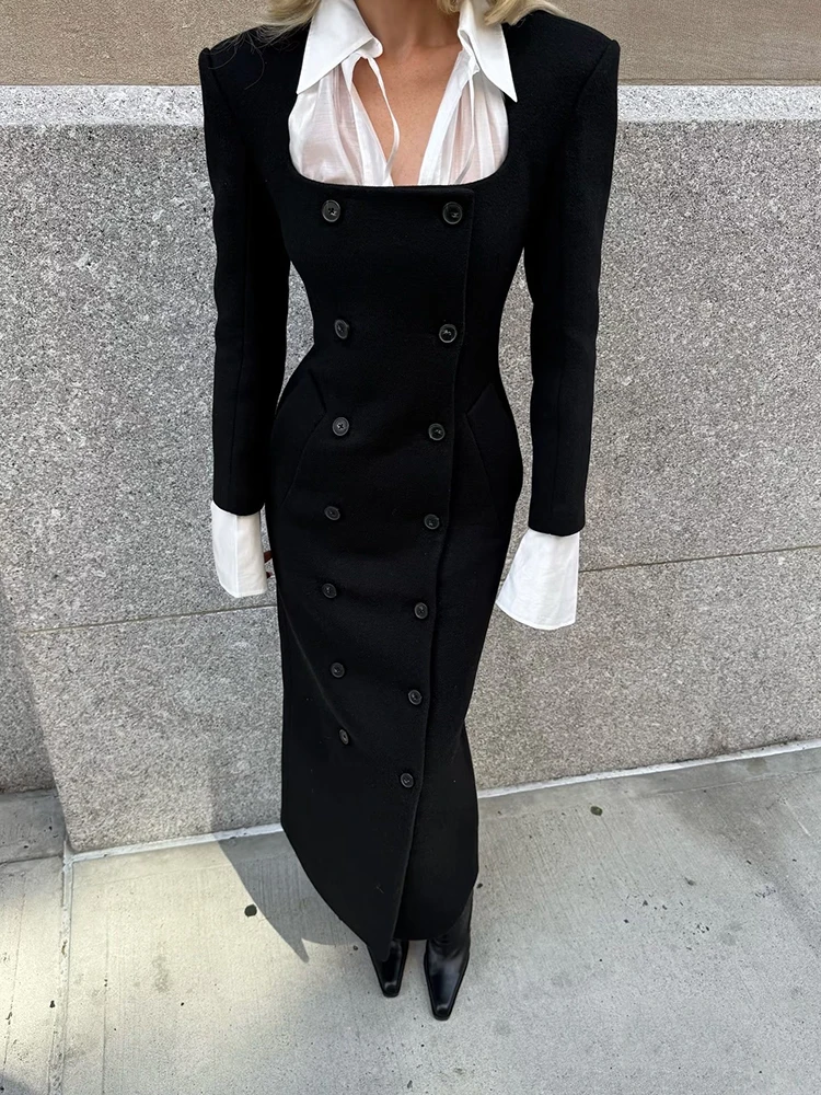 معطف طويل من الصوف مزدوج الصدر باللون الأسود صورة ظلية منظمة بقصة ضيقة معطف صوف طويل للنساء وصل حديثًا لشتاء 2025