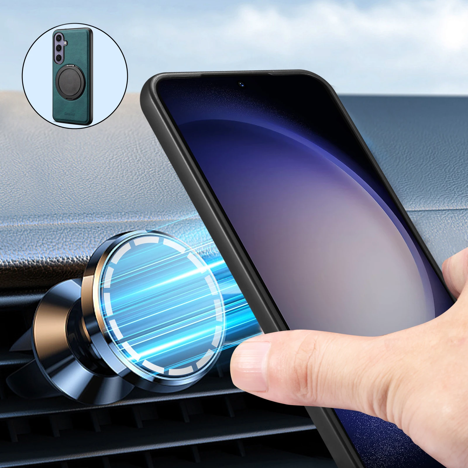 حافظة الهاتف المحمول مغناطيس شحن لاسلكي 360 °   مشبك حلقة من الجلد الصناعي بحامل دوار لهاتف Samsung S25Ultra S24 S23