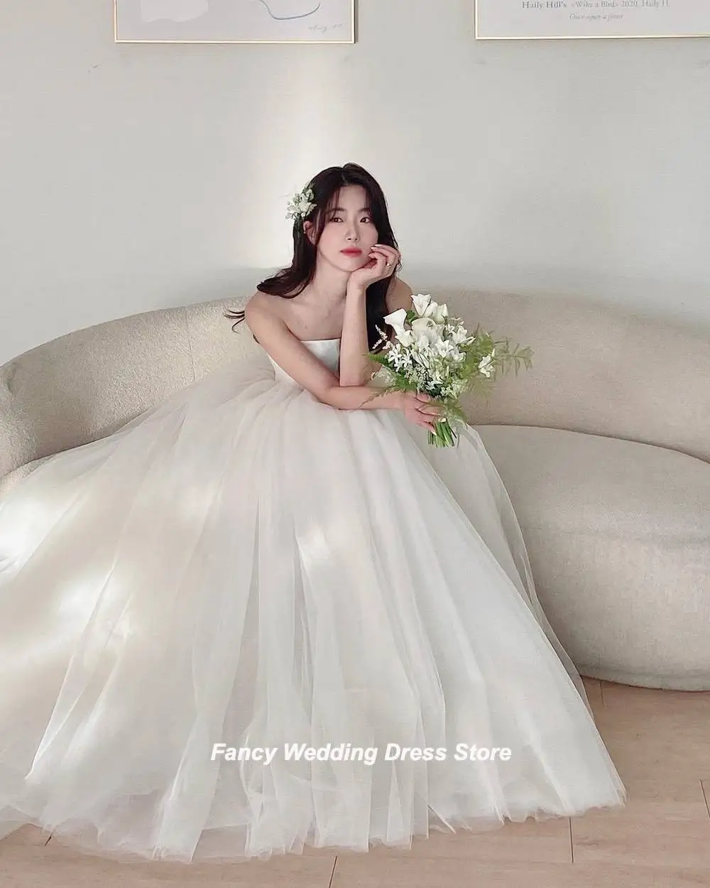 Fancy Fairy Strapless A Line Wedding Dress Korea Women Photo Shoot Dresses Sleeveless A Line Bridal Gown Lace Up Back