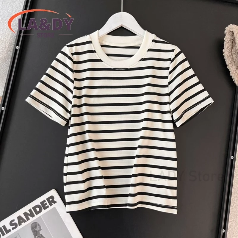 Short Sleeve T-Shirt Women 2024 Fashion Striped Round Neck Female Solid Color Casual Versatile High Quality Tees Tops