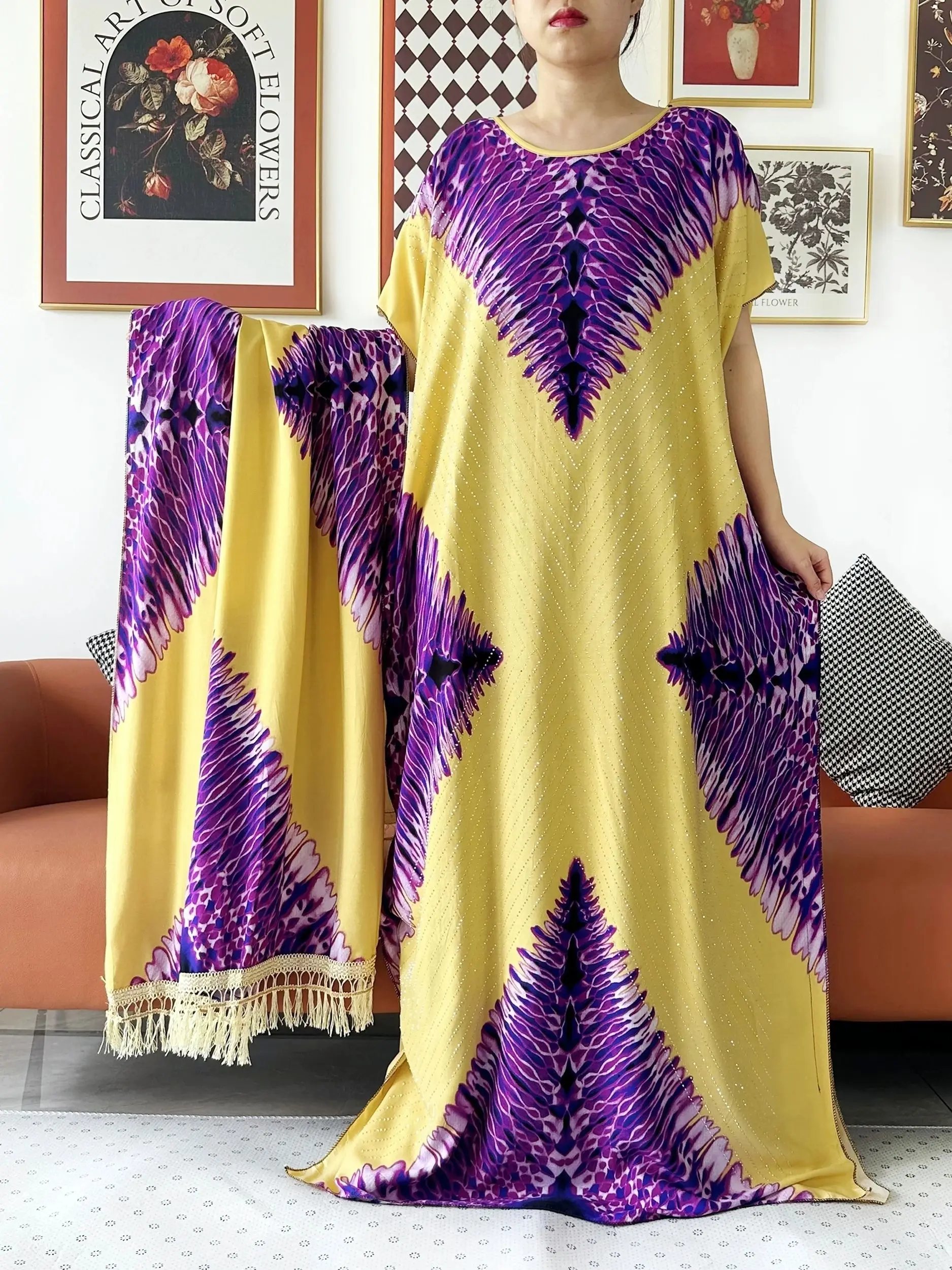 2024 African Summer Short Sleeve Dashiki Dress with Big Scarf Loose Boubou Maxi Islam Women Casual Dress African Abaya Clothes