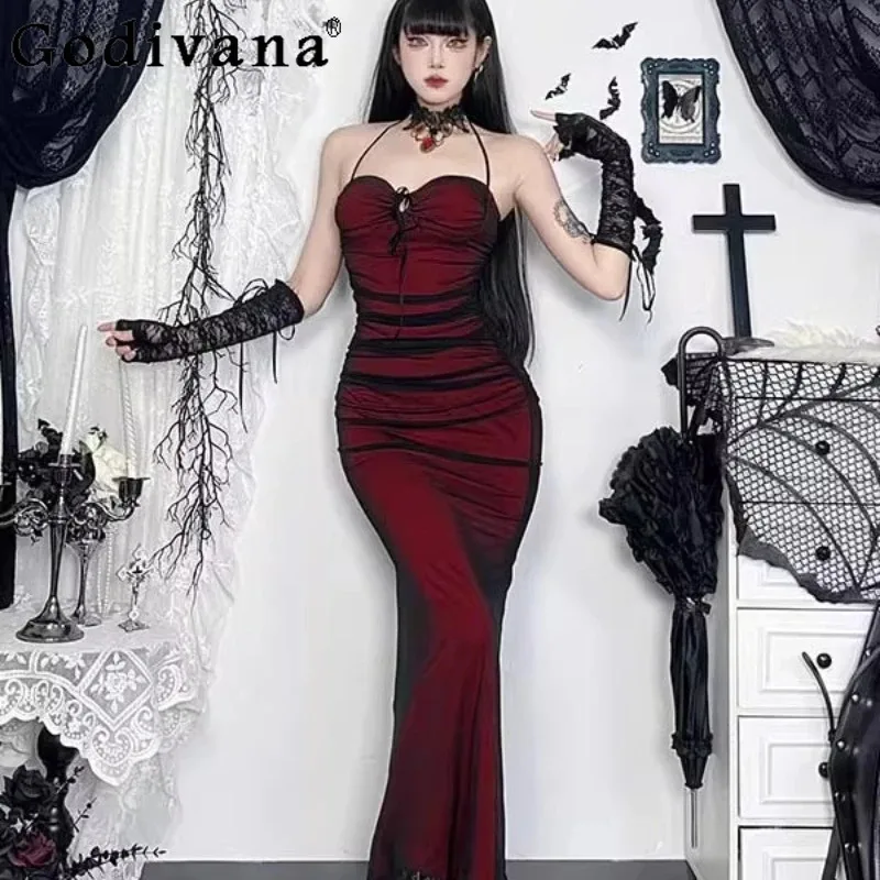 

CyElegant Style черно-красное платье женское сетчатое платье с лямкой на шее и застежкой на талии женское летнее сексуальное официальное длинное платье-труба