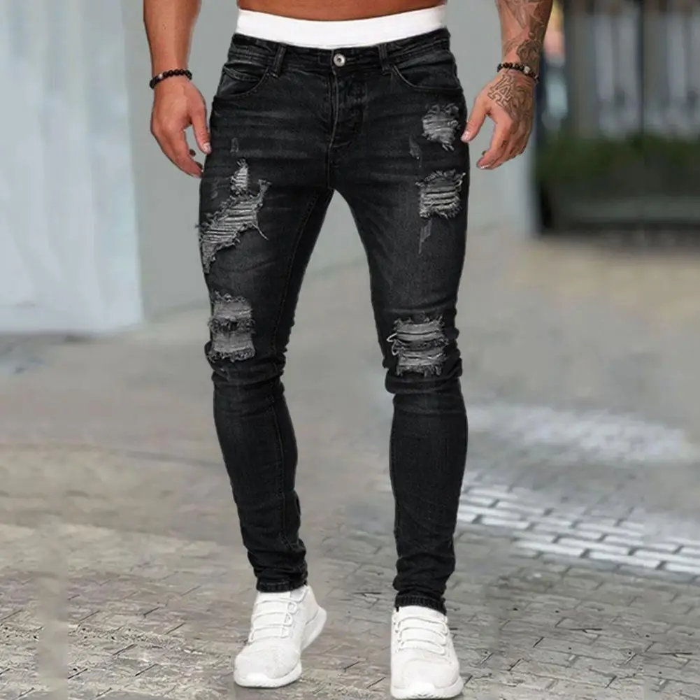 

Button-zip Closure Jeans Stylish Men's Ripped Jeans with Slim Fit Breathable Fabric Hip Hop Streetwear Long Pants for Men Trendy