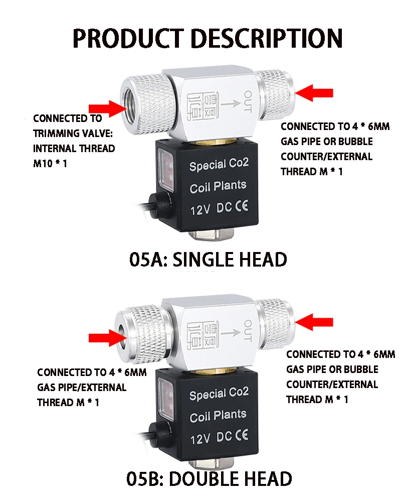 Aquarium CO2 solenoid valve, aluminum alloy waterproof solenoid valve, single and double head fish tank CO2 accessories