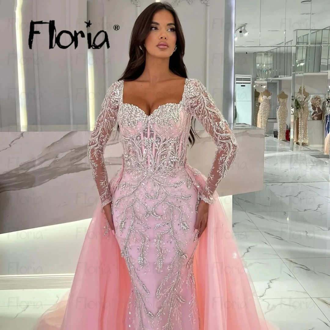 Stunning Pink Long Evening Gown With Overskirt Beaded Engagement Party Dresses Muslim Dubai Wedding Reception Gowns Customized