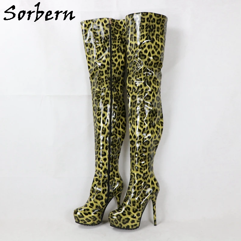 Sorbern Leopard Patent Over The Knee Boots Round Toe Custom Shaft Length/Calf Width Stilettos High Heel Thigh High Boots