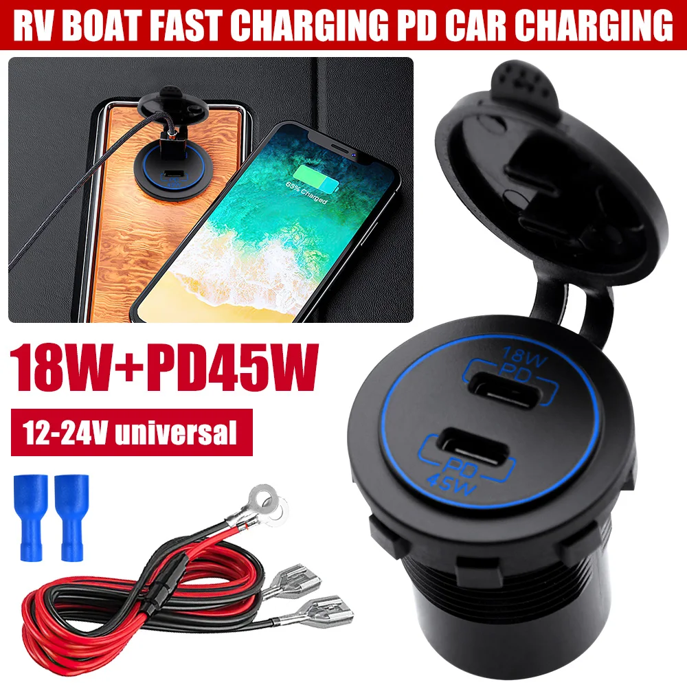 FOSITAN Car Fast Charger 12V/24V Dual USB C Power Outlet Socket Adapter 18W+45W with 60CM Cable for Car RV Marine Universal
