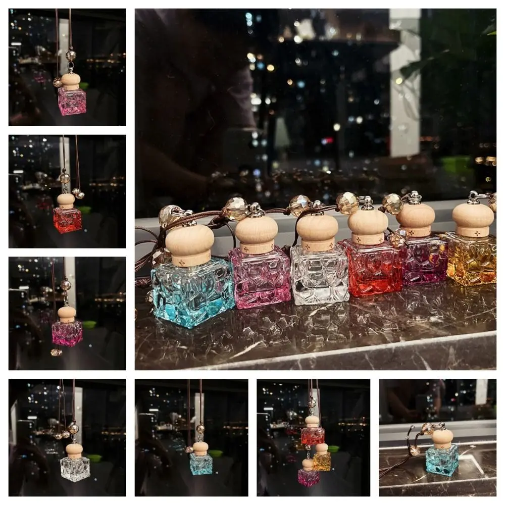 

Cute Empty Perfume Bottle Wood lid Transparent Cartoon Car Aromatherapy Bottle Glass Portable Car Hanging Pendant