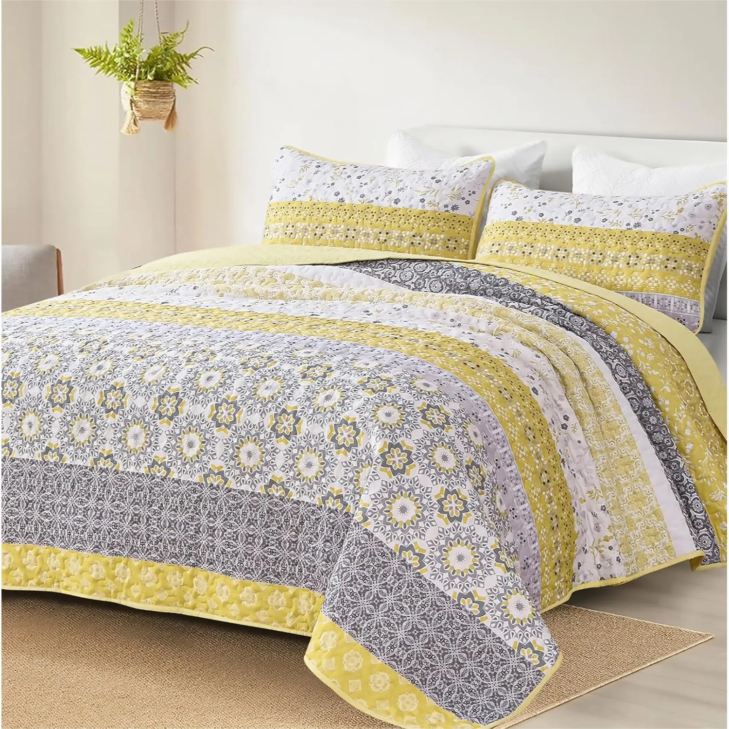 

Boho Quilt Set Queen, Yellow Bohemian Striped Patchwork Bedspread Coverlet with 2 Pillowcases, Lightweight Microfiber Floral