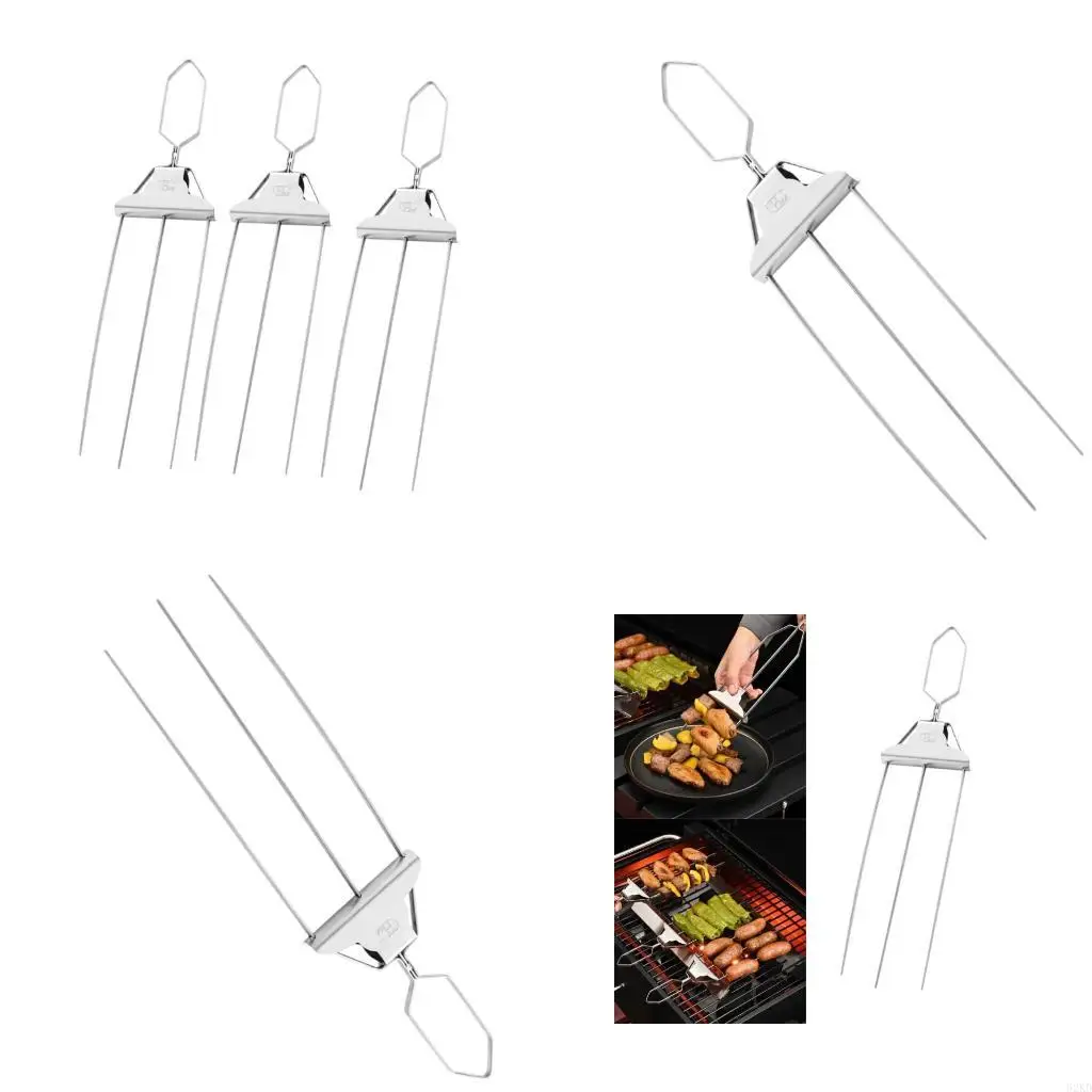 62KD Heavy Duty Nonrust Steel 3 Prongs Skewers Set Barbecue Spit For Outdoor Cooking