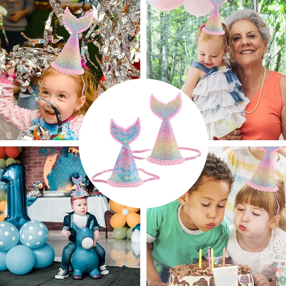 

4pcs Mermaid Birthday Hat Glitter Tail Pink Photo Props Headdress Shiny Sequins Elastic Band Suitable Most Heads