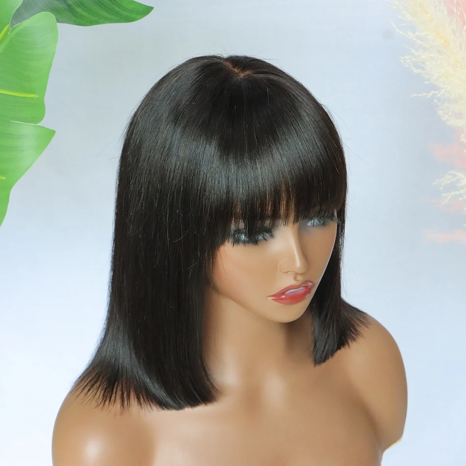 

Short Bob Wig With Bangs Fringe Straight 1x4 Lace Glueless Wigs Human Hair Bob With Bangs Realistic Scalp 200% Density For Women