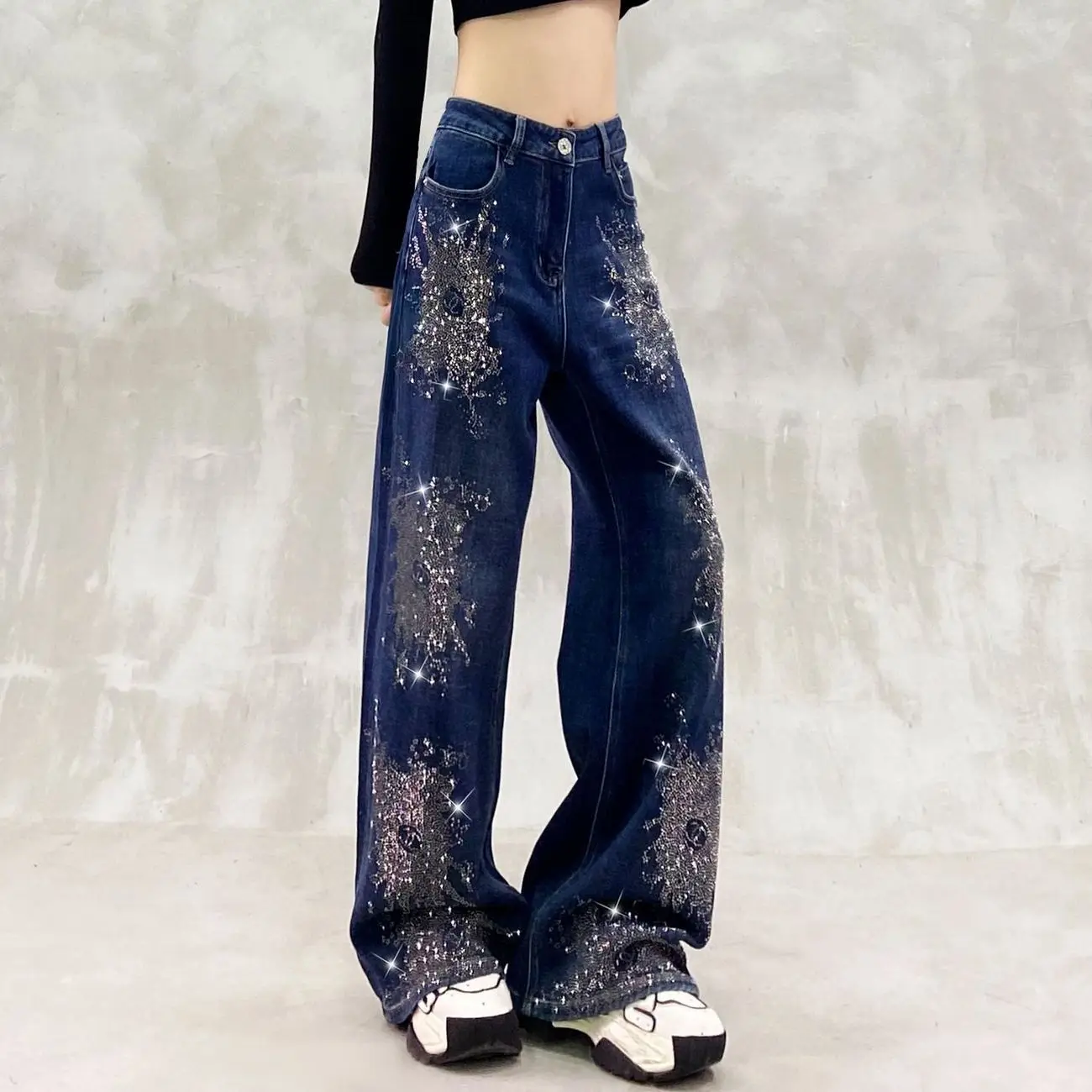

Винтажные джинсы Y2K с блестками и стразами, синие, широкие штанины, женские, весенние, с высокой талией, прямые, в пол, в уличном стиле