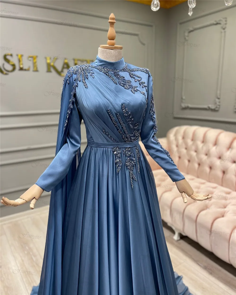 Elegant Arabic Muslim Women Formal Dress Full Sleeves Robes De Soirée A-Line Chiffon High Neck Dubai Caftan Evening Prom Dresses