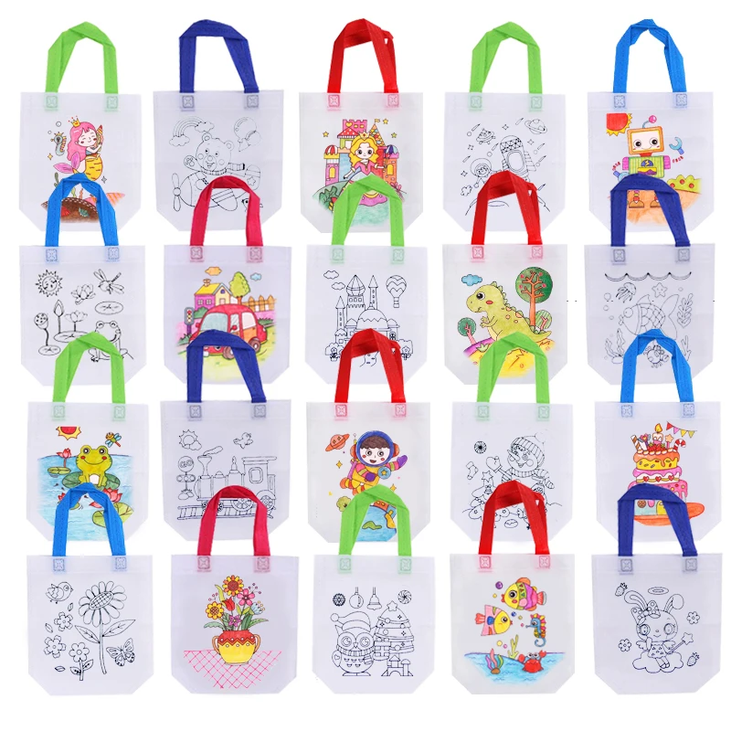 DIY Coloring Goodie Bags with Coloring Markers Party Gift Bags for Kids Toy Storage Bag Eco Non-Woven Fabric Drawstring Bags