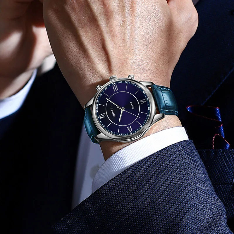 Mens Casual Wristwatch Elegant Blue Quartz Leather Strap Watches Masculino Relogio Fashion Male Clock Out-door Reloj Hombre