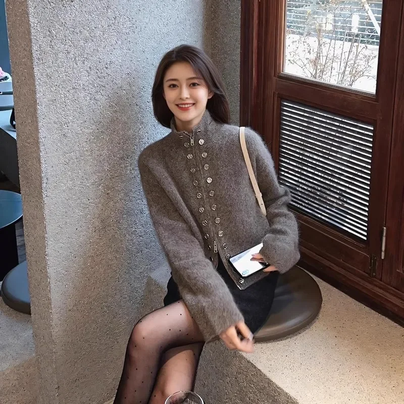 Double Breasted Cardigan Women Autumn Solid Simple All-match Zippers Design Baggy Cozy Cropped Sweater Streetwear Ulzzang Chic