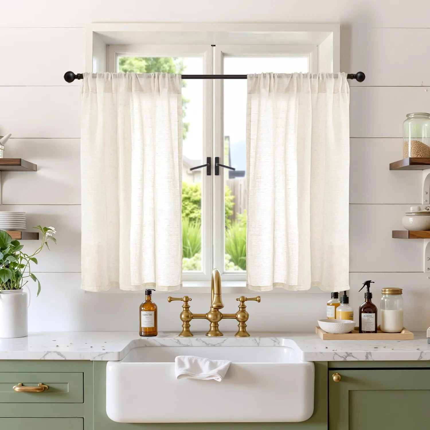 Linen Kitchen Curtains 30 Inch Tier Curtains Farmhouse Cream Beige Short Semi Sheer Drapes with Rod Pocket