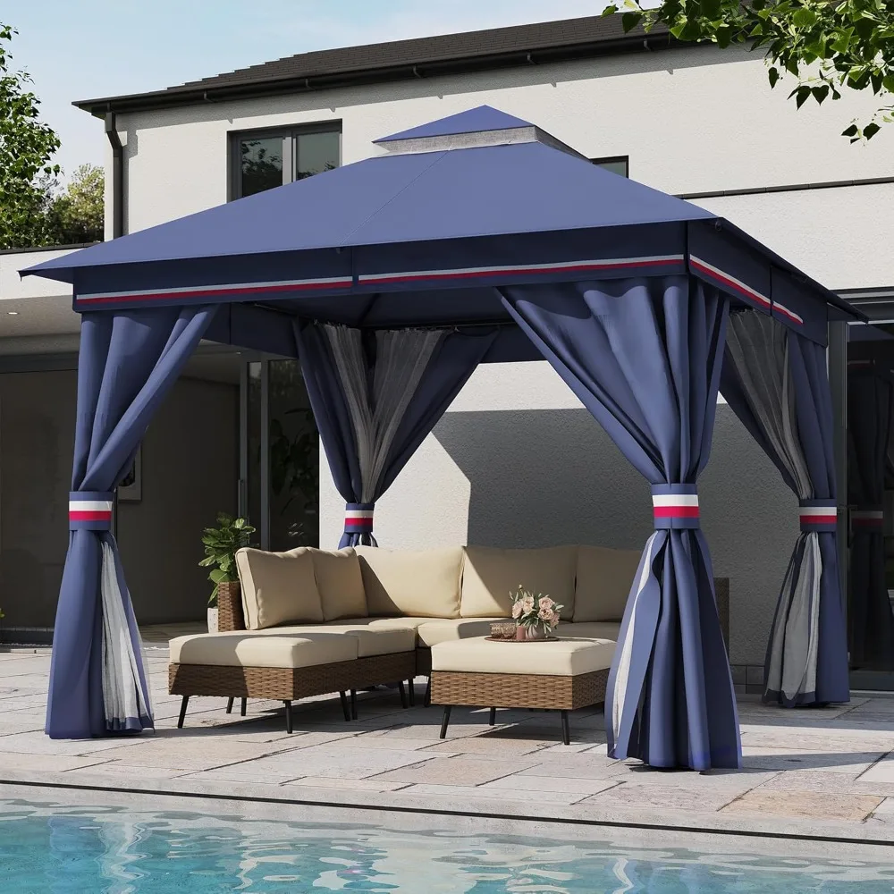 10'x10' Outdoor Gazebo Metal Frame Heavy Duty Canopy with Double Roof Mosquito Netting Privacy Screen for Backyard, Custom