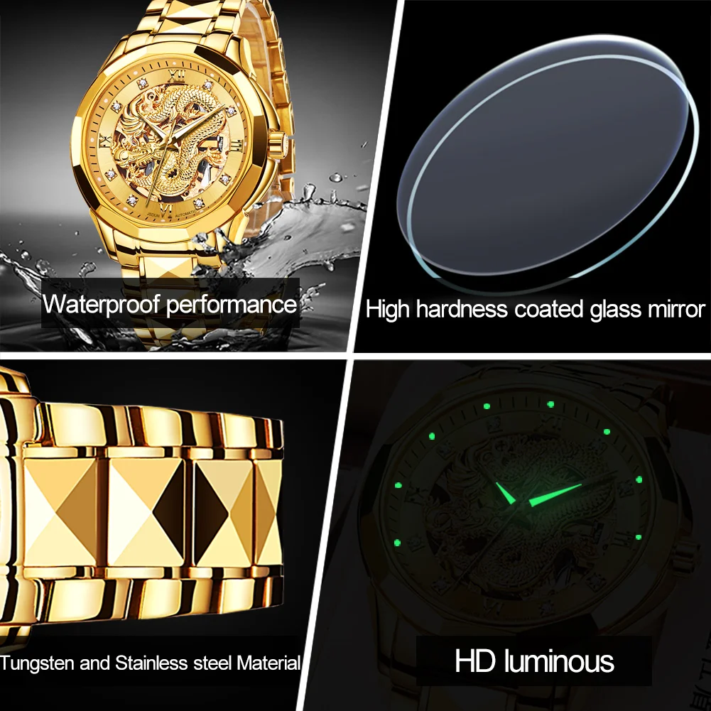 JSDUN Watch for Men Luxury Diamonds Gold Watch Dragon Design Skeleton Tungsten steel Waterproof Automatic Mechanical Watch 8840