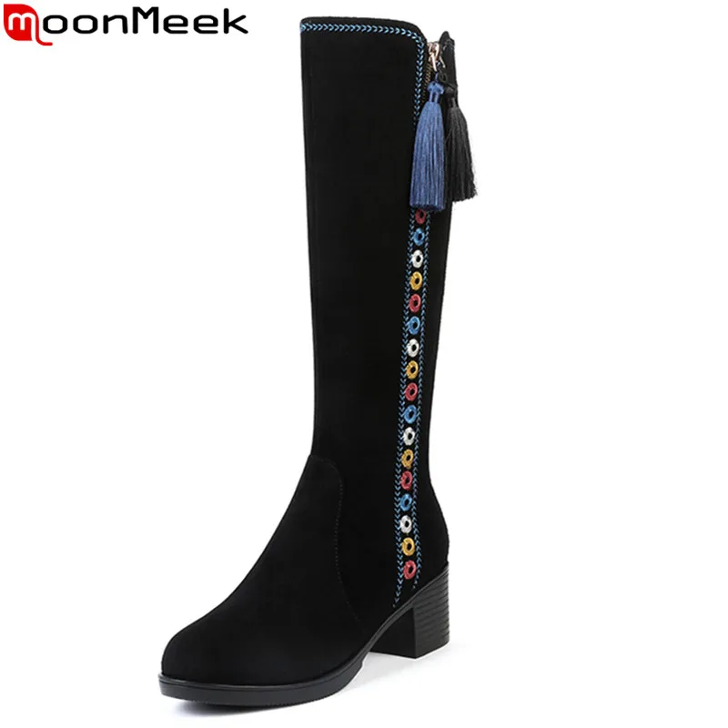 

MoonMeek 2023 New Fringe Cow Suede Leather Zipper Winter Boots Square High Heels Boots Ethnic Ladies Embroider Knee High Boots