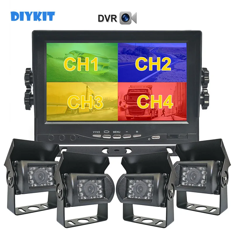 

DIYKIT 7inch AHD IPS 4 Split QUAD Car Monitor 1300000 Pixels AHD Rear View LED Camera Waterproof Video Recording