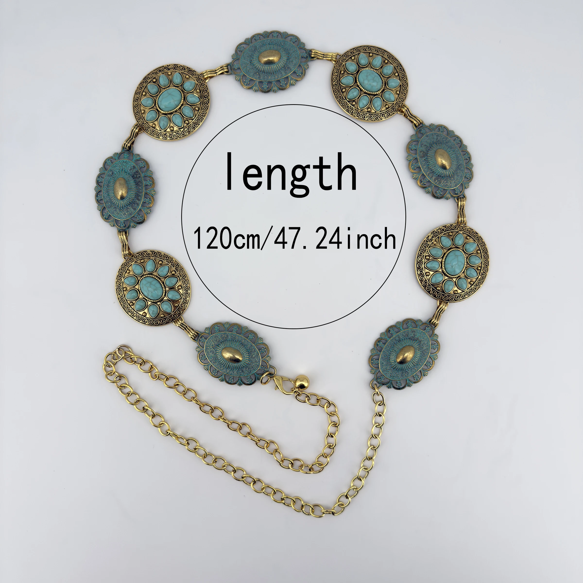 سلسلة خصر فيروزية للمجوهرات عبر الحدود للنساء؛ حزام عتيق من سبائك الزنك على الطراز البوهيمي العصري؛ متعدد الاستخدامات وأنيق