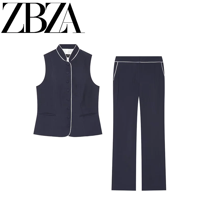 Summer New ZR Women's Fashion Set with Collar Vest And Color Block Pants Regular Sleeveless Autumn Spring Summer Seasonal Use