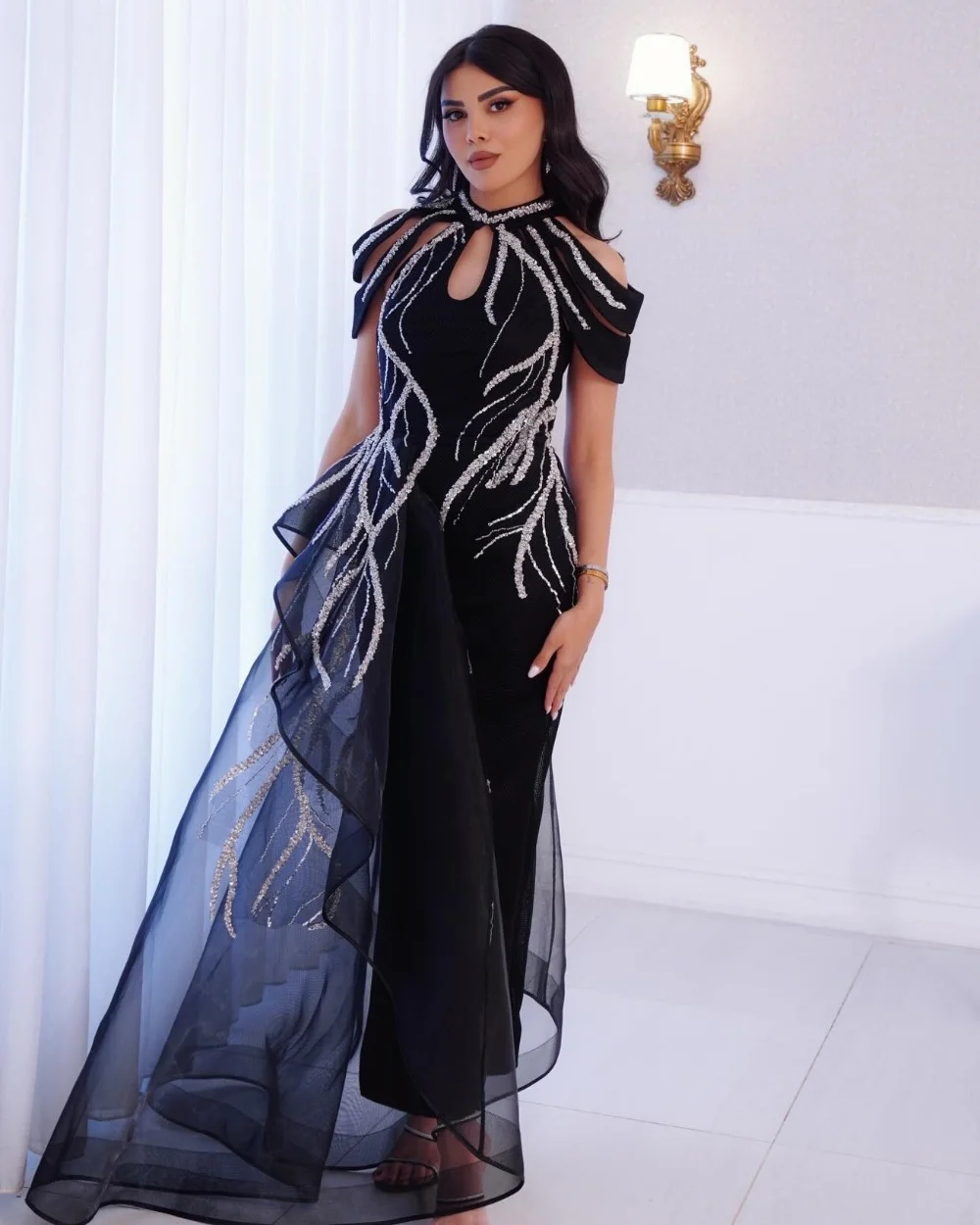 

Customized Sparkle Intricate Jersey Beading Sequined Pleat Ruched Straight High Collar Midi Dresses Evening Dresses Classic