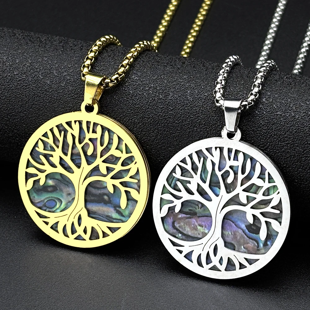 Image of Baum des Lebens Imitation Abalone-Muschel Edelstahl-Anhänger Halskette für Damen und Herren Gold Silber Farbige Ketten-Halsketten Schmuck