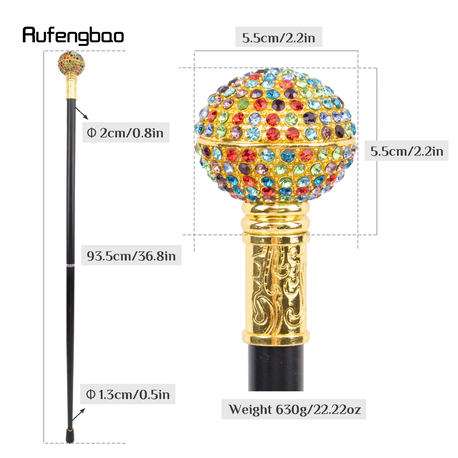 Colorful Artificial Diamond Ball Walking Cane Fashion Decorative Walking Stick Gentleman Elegant Cosplay Cane Crosier 93.5cm