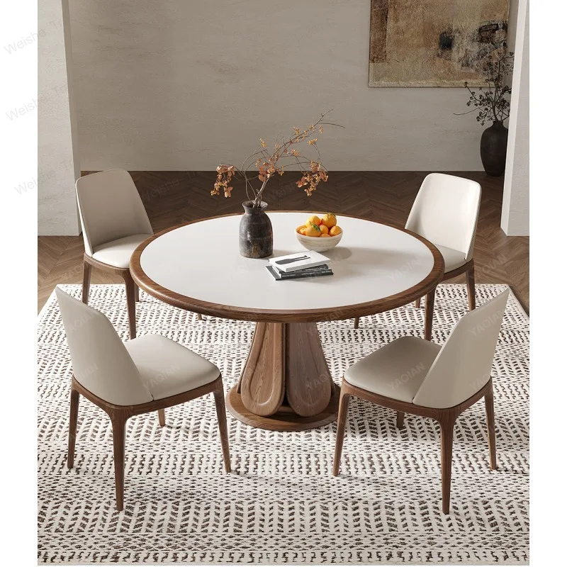 

Retro solid wood rock slab round dining table Chinese medium and ancient style round dining table with turntable round table