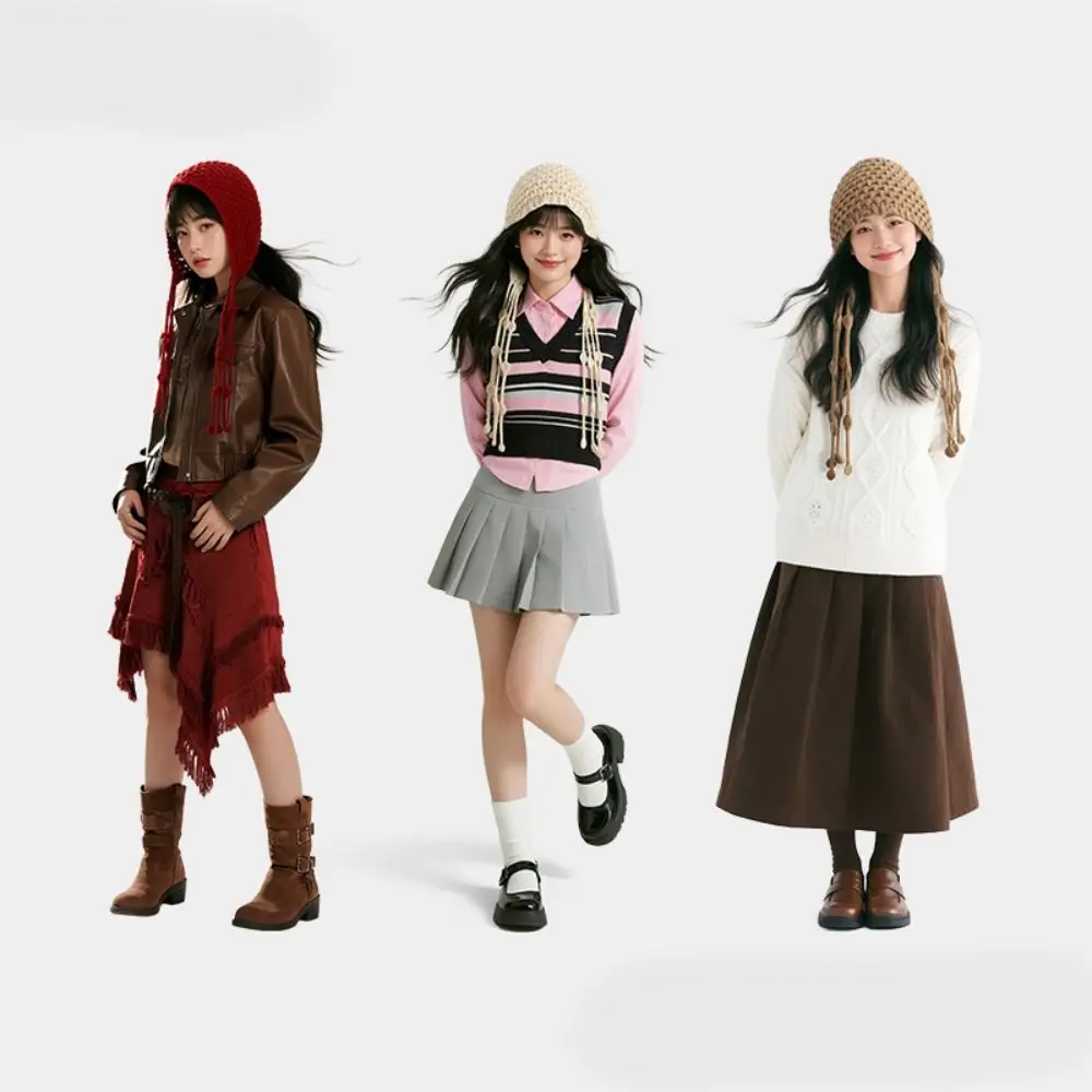 

Retro Tassels Crochet Knitted Hat Hollow Out Bohemian Style Knit Cap Handmade Korean Weave Cap Girls