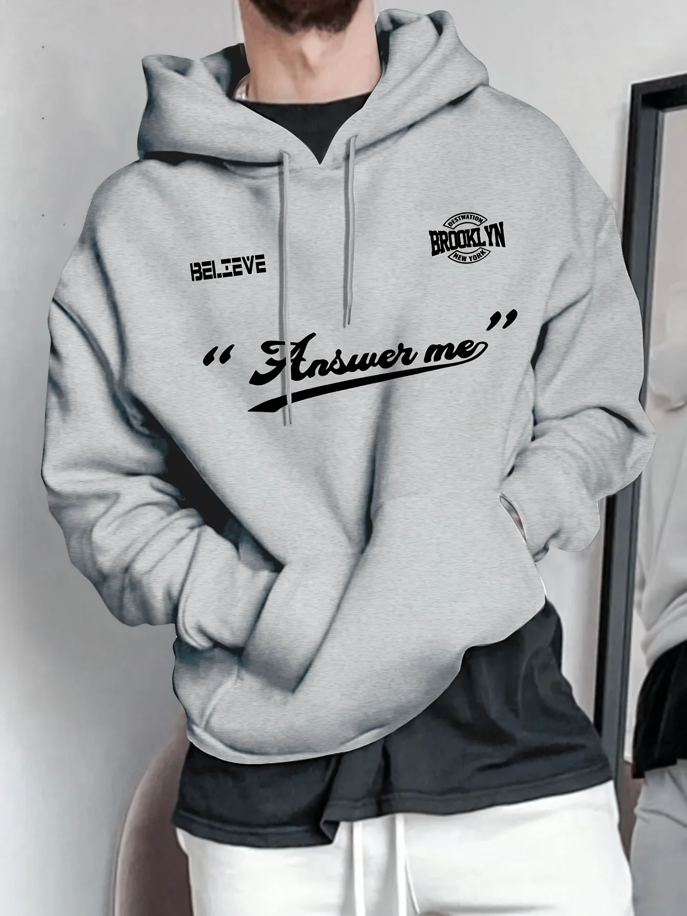 Men Casual Hooded Sweatshirt Retro American Style Script Quote Graphic Autumn Winter Fleece Lined Loose Street Hoodie