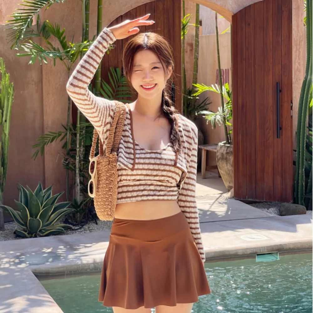 

New Women's Bikini Swimsuit Sensual Skirt Design Meat Covering Stripe Pattern Separate Two-Piece Swimming Costume